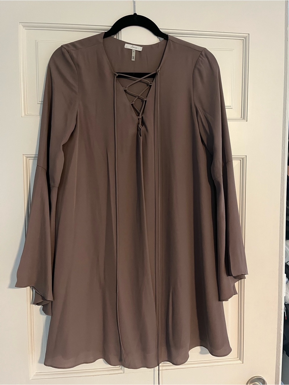 Soprano Taupe Lace-Up Long Sleeve A-Line Mini Dress